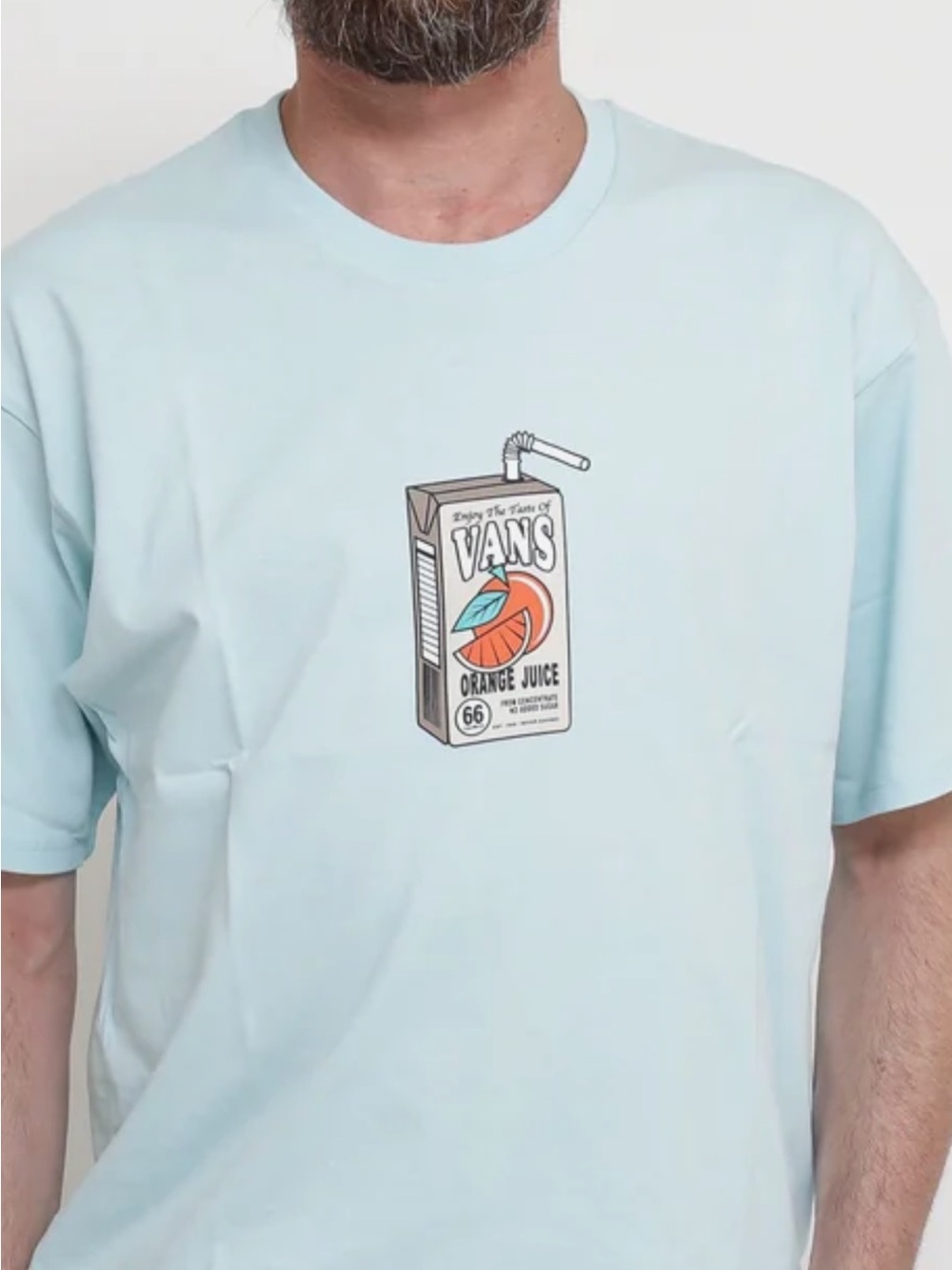 Vans Light Blue Short Sleeve Tee with Orange Juice Carton Graphic